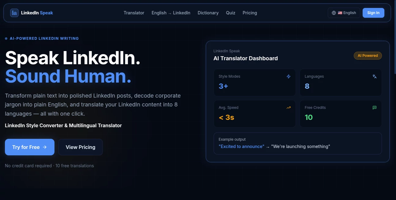 Screenshot of LinkedIn Speak – An AI tool in the ,AI Reply Assistant ,AI Content Generator ,AI Social Media Assistant ,AI Writing Assistants  category, showcasing its interface and key features.