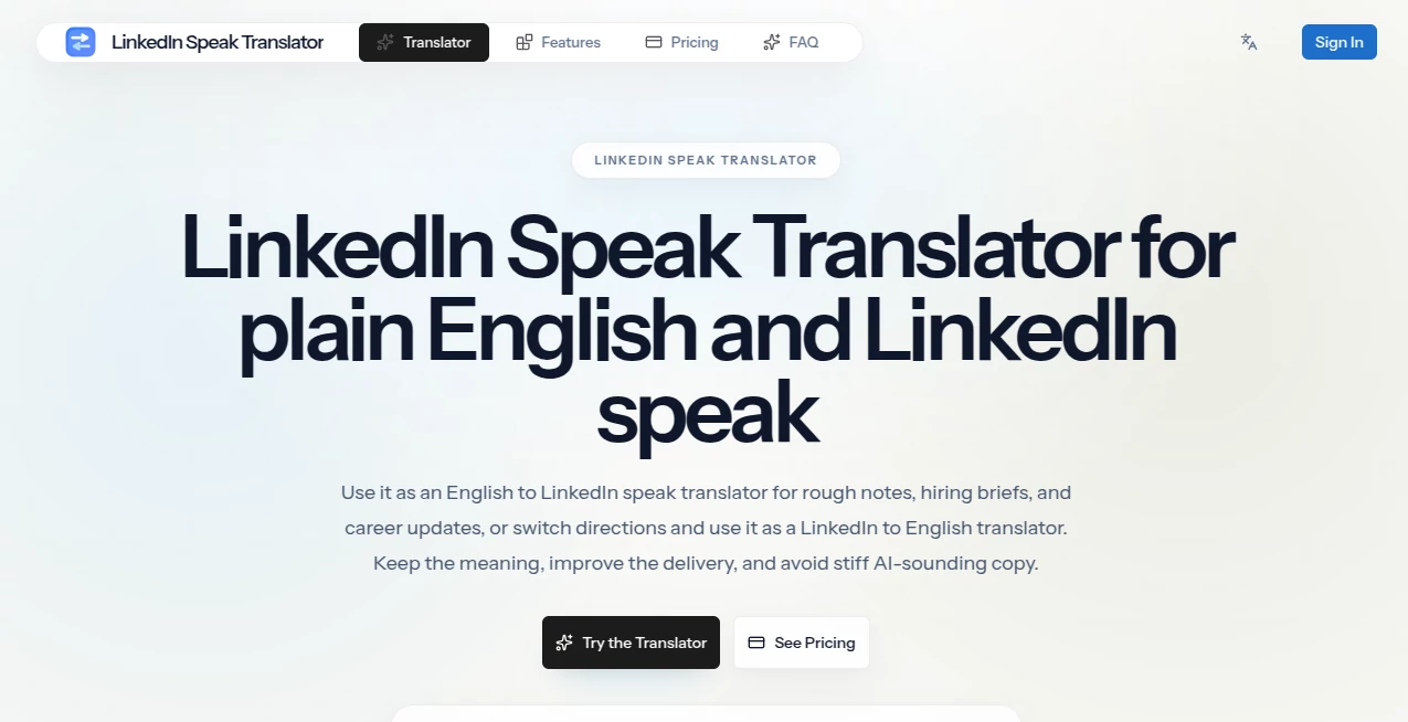 Screenshot of LinkedIn Speak Translator – An AI tool in the ,AI Content Generator ,AI Social Media Assistant ,AI Copywriting ,AI Writing Assistants  category, showcasing its interface and key features.