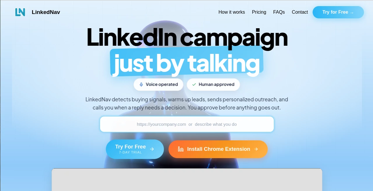 Screenshot of LinkedNav – An AI tool in the ,AI Lead Generation ,AI Sales Assistant ,AI CRM Assistant ,AI Marketing Plan Generator  category, showcasing its interface and key features.