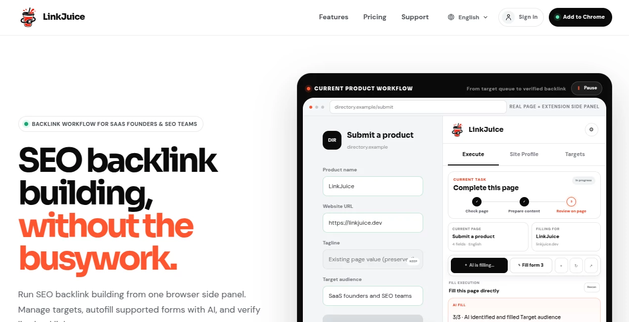 Screenshot of LinkJuice – An AI tool in the ,AI Analytics Assistant ,AI SEO Assistant ,AI Marketing Plan Generator  category, showcasing its interface and key features.