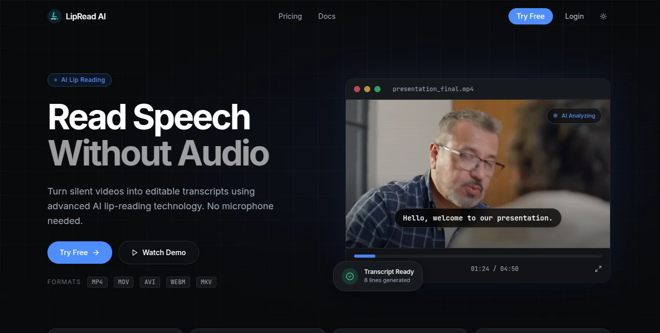 Screenshot of LipRead AI – An AI tool in the ,AI Speech Recognition ,AI Transcription ,AI Speech to Text  category, showcasing its interface and key features.