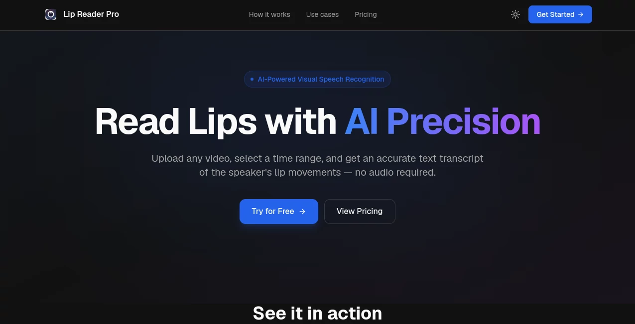 Screenshot of Lip Reader Pro – An AI tool in the ,AI Speech to Text ,AI Speech Recognition ,Video  category, showcasing its interface and key features.