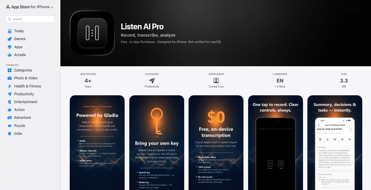 Screenshot of Listen AI Pro – An AI tool in the ,AI Audio Enhancer ,AI Speech Recognition ,AI Productivity Tools ,AI Voice Assistants  category, showcasing its interface and key features.