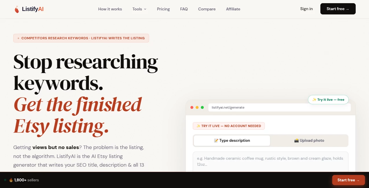 Screenshot of ListifyAI – An AI tool in the ,Marketing ,AI SEO Assistant ,AI Content Generator ,AI Product Description Generator  category, showcasing its interface and key features.