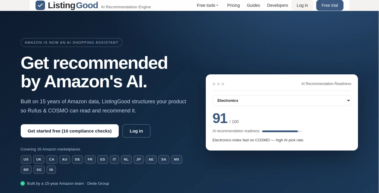 Screenshot of Listing Good – An AI tool in the ,AI SEO Assistant ,AI E-commerce Assistant ,AI Copywriting ,AI Product Description Generator  category, showcasing its interface and key features.