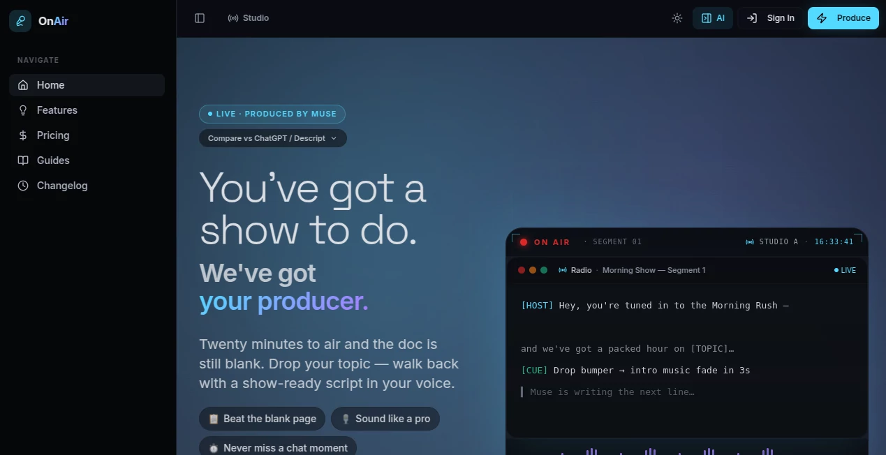 Screenshot of LiveOnAir Studio – An AI tool in the ,AI Script Writing ,AI Voice & Audio Editing ,AI Podcast Assistant ,AI Video Recording  category, showcasing its interface and key features.