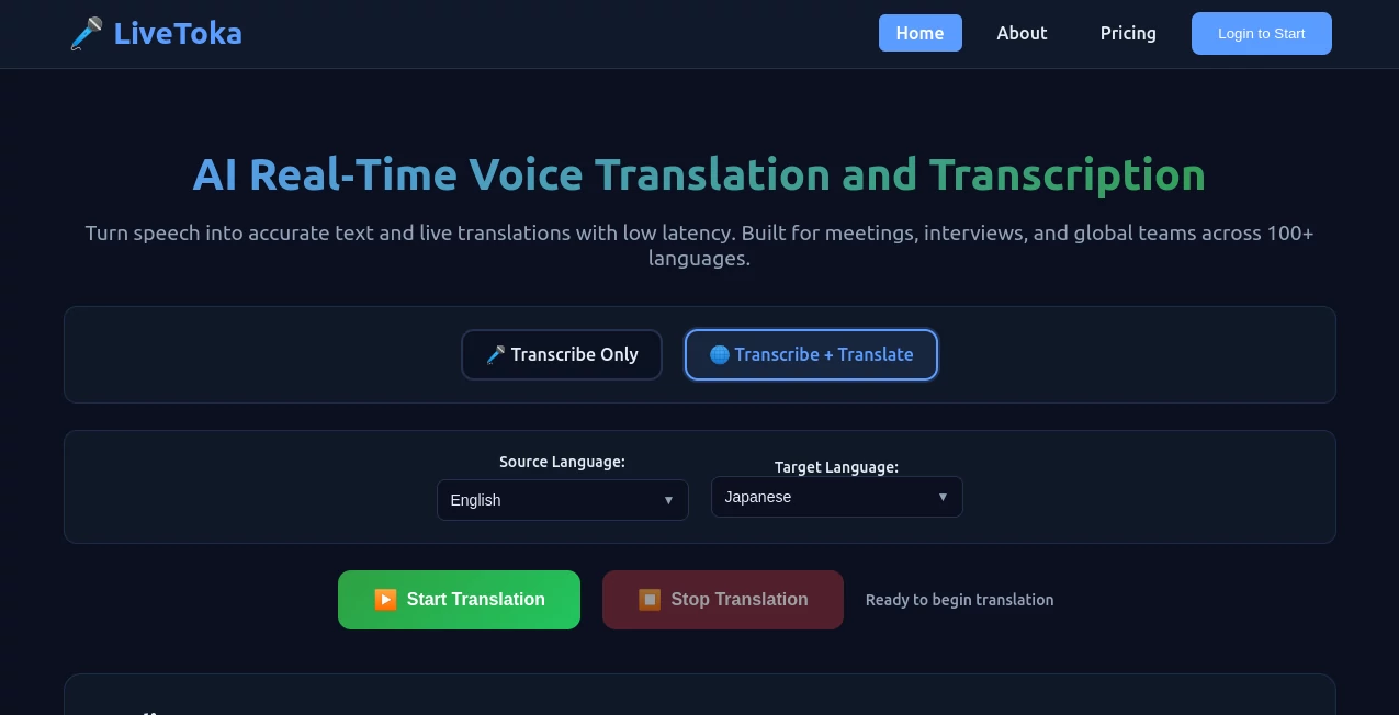 Screenshot of LiveToka – An AI tool in the ,AI Translate ,AI Speech to Text ,AI Speech Recognition ,AI Voice Assistants  category, showcasing its interface and key features.
