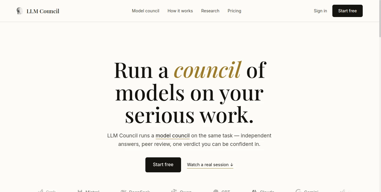 Screenshot of LLM Council – An AI tool in the ,AI Testing & QA ,AI Developer Tools ,AI Research Tool ,Large Language Models (LLMs)  category, showcasing its interface and key features.