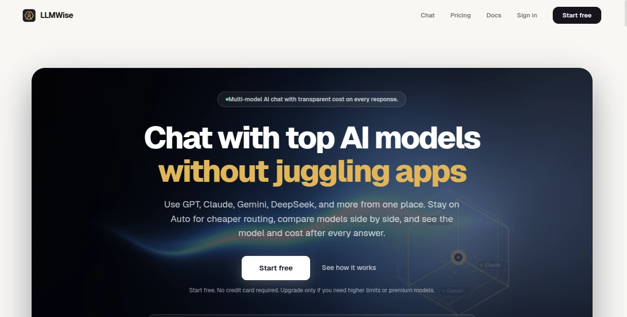Screenshot of LLMWISE – An AI tool in the ,AI Testing & QA ,AI Code Assistant ,AI API Design ,AI Developer Tools  category, showcasing its interface and key features.