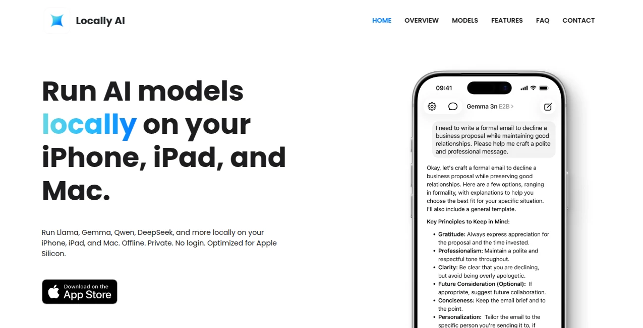 Screenshot of Locally AI – An AI tool in the ,AI Productivity Tools ,AI Chatbot ,AI Voice Assistants  category, showcasing its interface and key features.