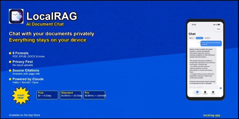 Screenshot of LocalRAG! – An AI tool in the ,AI Research Tool ,AI Knowledge Base ,AI Knowledge Management ,AI Documents Assistant  category, showcasing its interface and key features.
