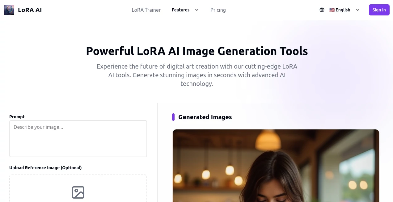 Screenshot of loraai.me – An AI tool in the ,AI Art Generator ,AI Design Generator ,AI Image to Image ,AI Text to Image  category, showcasing its interface and key features.