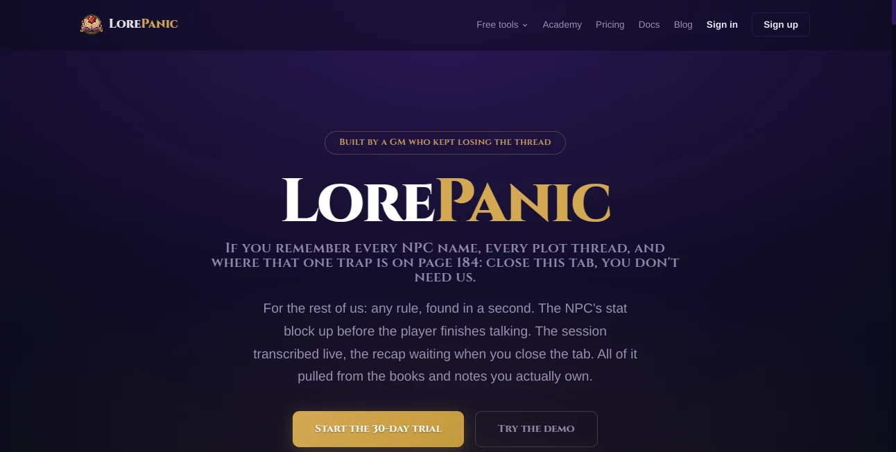 Screenshot of LorePanic – An AI tool in the ,AI Notes Assistant ,AI Productivity Tools ,AI Meeting Assistant ,AI Voice Assistants  category, showcasing its interface and key features.