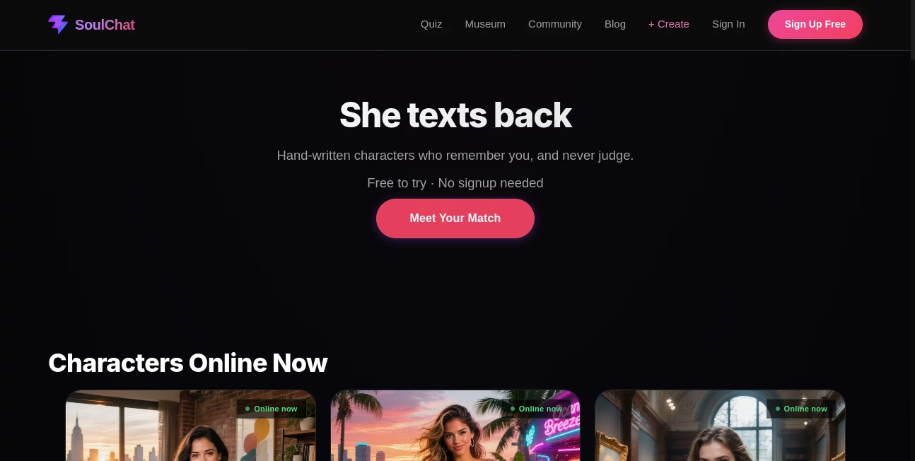 Screenshot of SoulChat – An AI tool in the ,AI Chatbot ,AI Girlfriend ,AI Character ,AI Mental Health  category, showcasing its interface and key features.