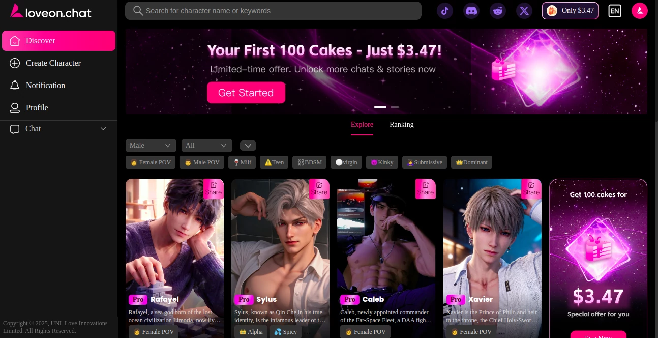 Screenshot of loveon.chat – An AI tool in the ,AI Girlfriend ,NSFW  category, showcasing its interface and key features.