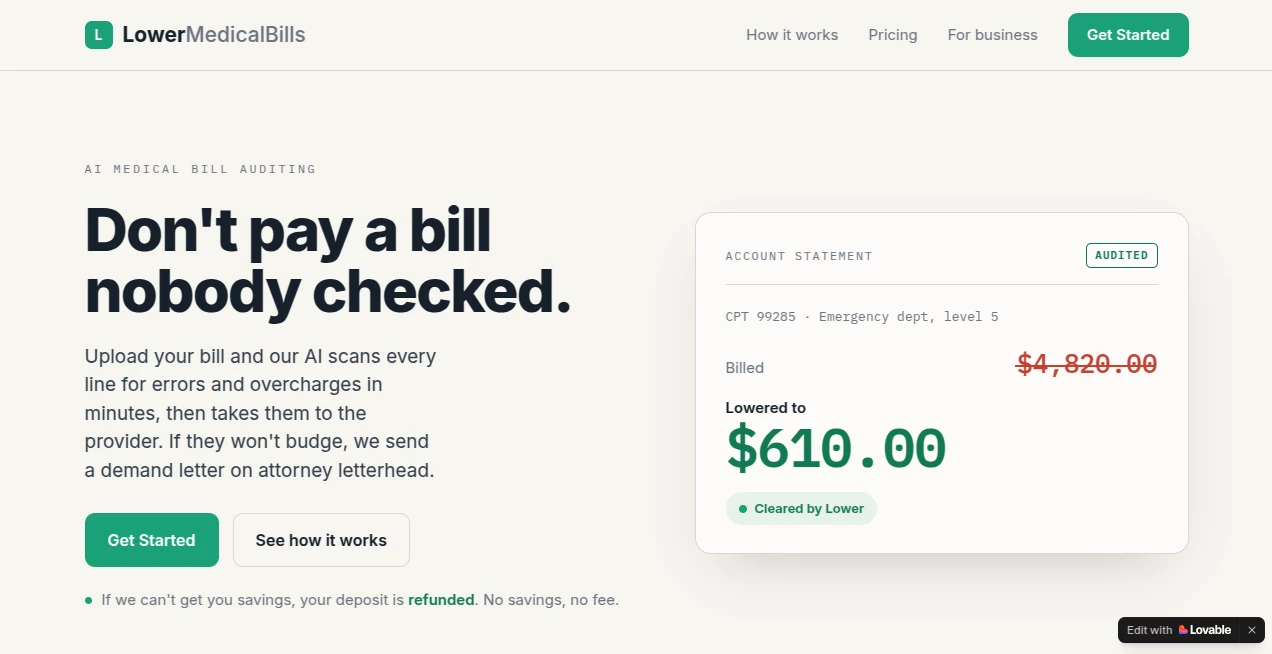 Screenshot of LowerMedicalBills – An AI tool in the ,AI Healthcare ,AI Consulting Assistant ,AI Legal Assistant  category, showcasing its interface and key features.
