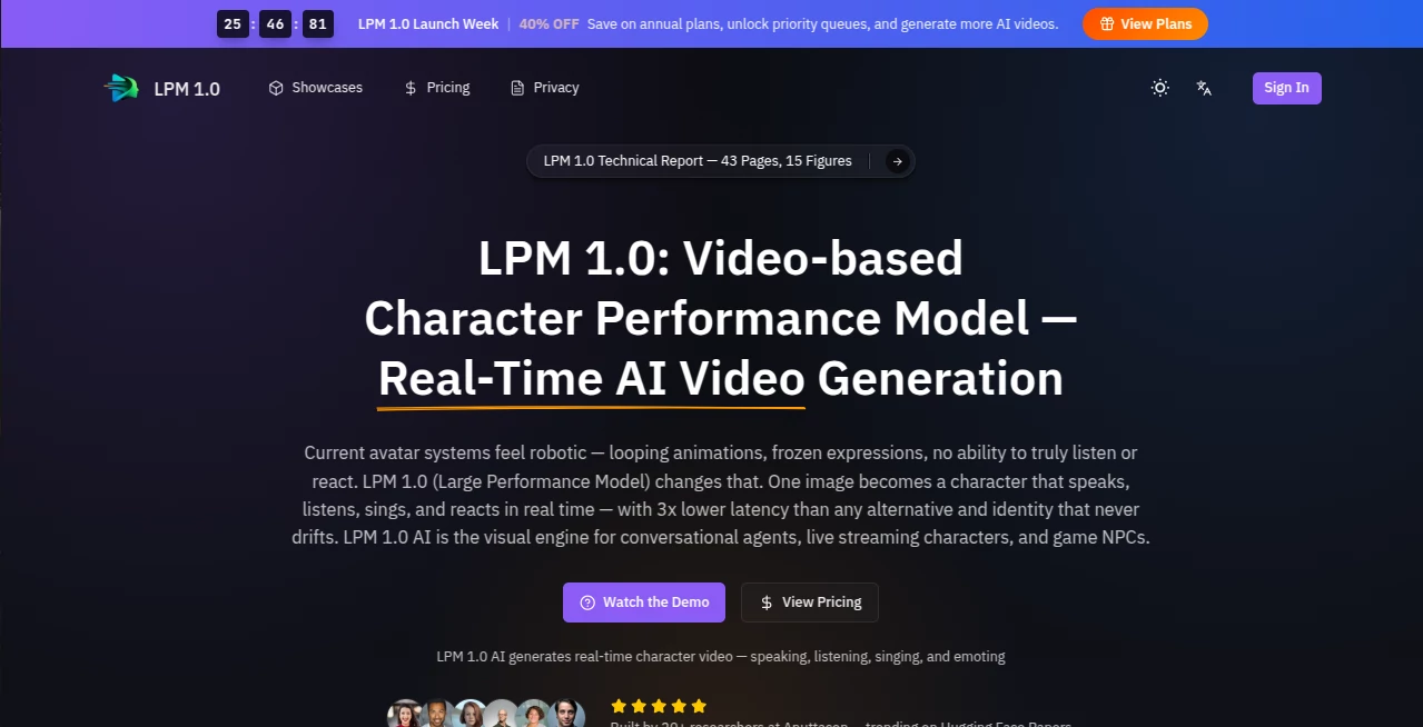 Screenshot of LPM 1.0 – An AI tool in the ,AI Character ,AI Video Generator ,AI Developer Tools ,AI Voice Assistants  category, showcasing its interface and key features.