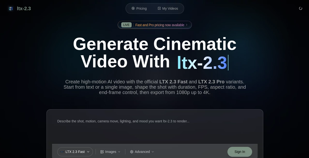 Screenshot of ltx 2.3 – An AI tool in the ,AI Animated Video ,AI Image to Video ,AI Text to Video ,AI Video Generator  category, showcasing its interface and key features.