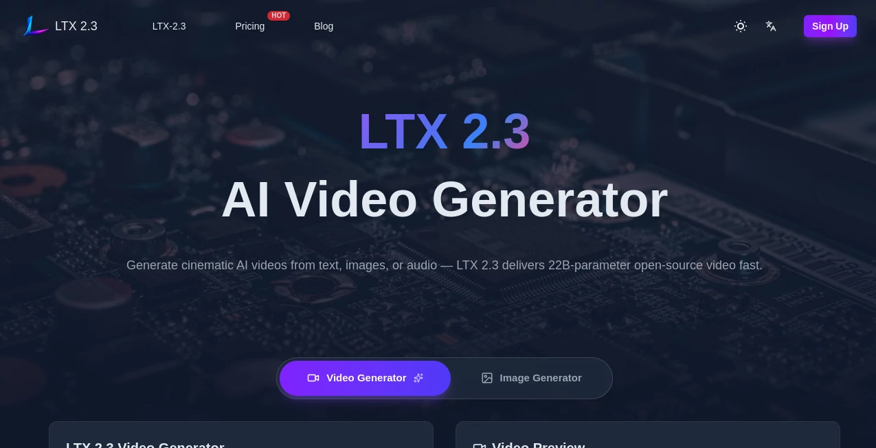 Screenshot of Ltx 2.3 – An AI tool in the ,AI Animated Video ,AI Image to Video ,AI Text to Video ,AI Video Generator  category, showcasing its interface and key features.