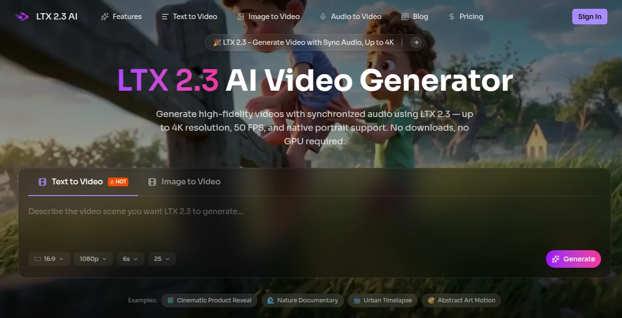 Screenshot of LTX 2.3 – An AI tool in the ,AI Animated Video ,AI Image to Video ,AI Text to Video ,AI Video Generator  category, showcasing its interface and key features.