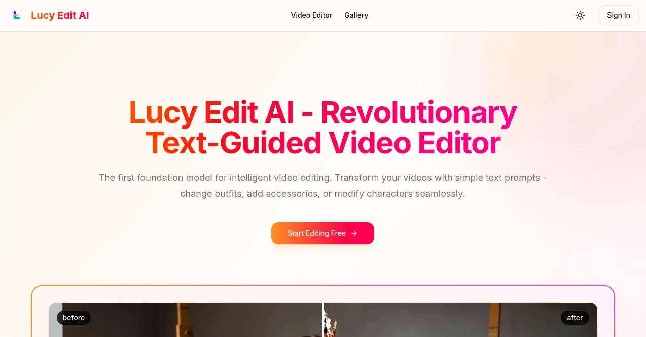 Screenshot of Lucy Edit AI – An AI tool in the ,AI Image to Video ,AI Video Editor ,AI Video Generator ,AI Video Enhancer  category, showcasing its interface and key features.