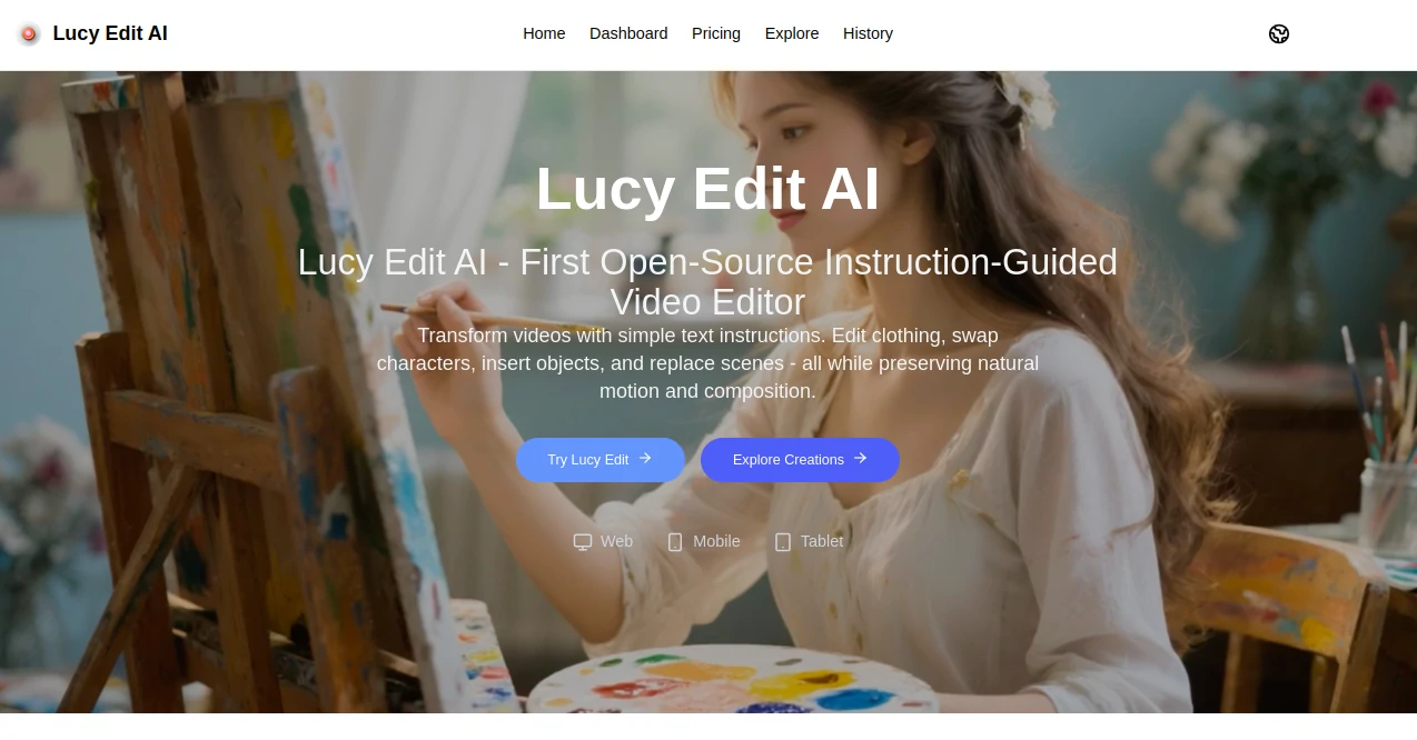 Screenshot of Lucy Edit AI – An AI tool in the ,AI Image to Video ,AI Video Editor ,AI Video Generator ,AI Video Enhancer  category, showcasing its interface and key features.