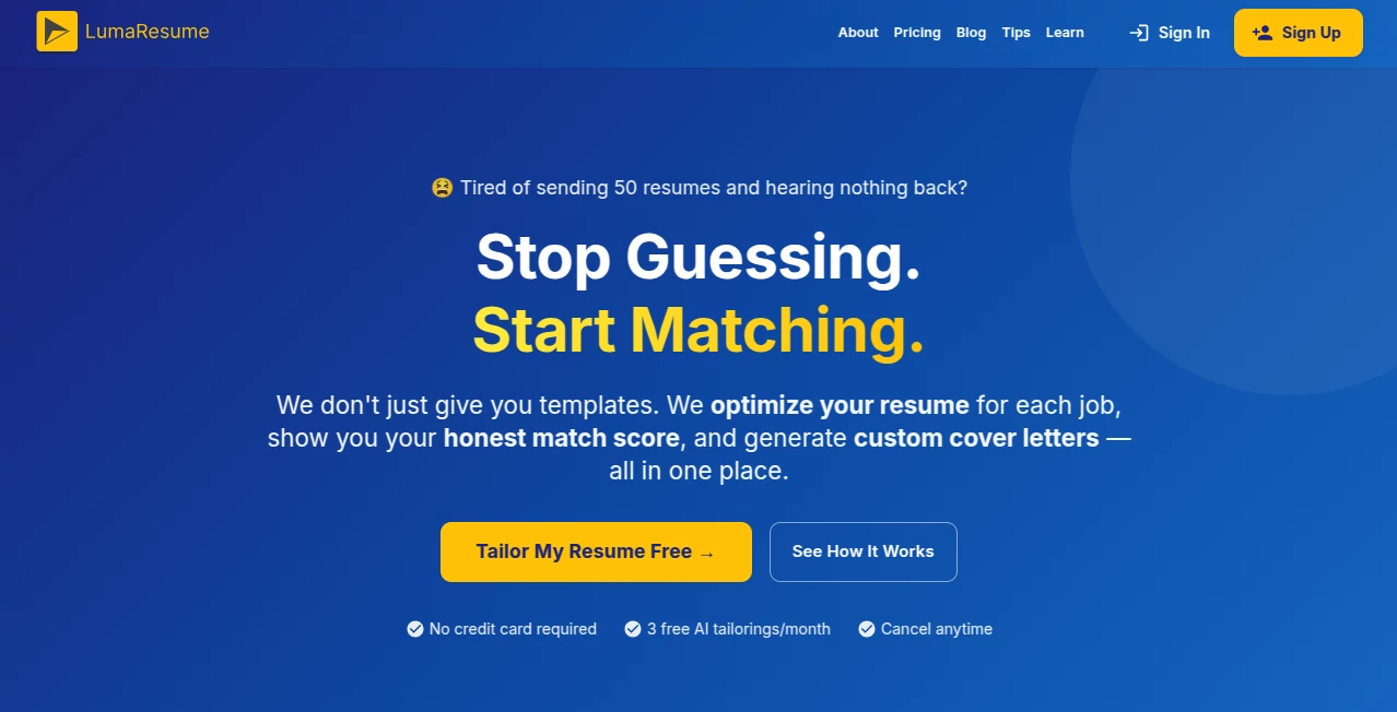 Screenshot of LumaResume – An AI tool in the ,AI Writing Assistants ,AI Recruiting ,AI Resume Builder ,AI Cover Letter Generator  category, showcasing its interface and key features.