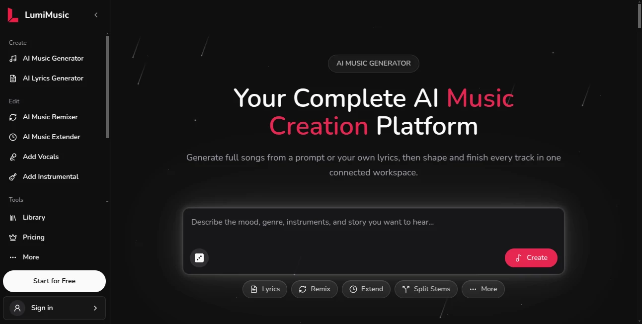 Screenshot of LumiMusic – An AI tool in the ,AI Music Generator ,AI Voice & Audio Editing ,AI Text to Music ,AI Singing Generator  category, showcasing its interface and key features.