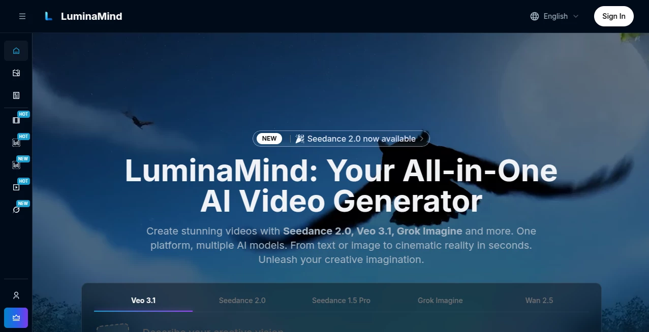 Screenshot of LuminaMind – An AI tool in the ,AI Animated Video ,AI Image to Video ,AI Text to Video ,AI Video Generator  category, showcasing its interface and key features.