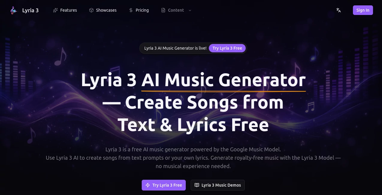 Screenshot of Lyria 3 AI Music Generator – An AI tool in the ,AI Text to Music ,AI Lyrics Generator ,AI Music Generator ,AI Singing Generator  category, showcasing its interface and key features.