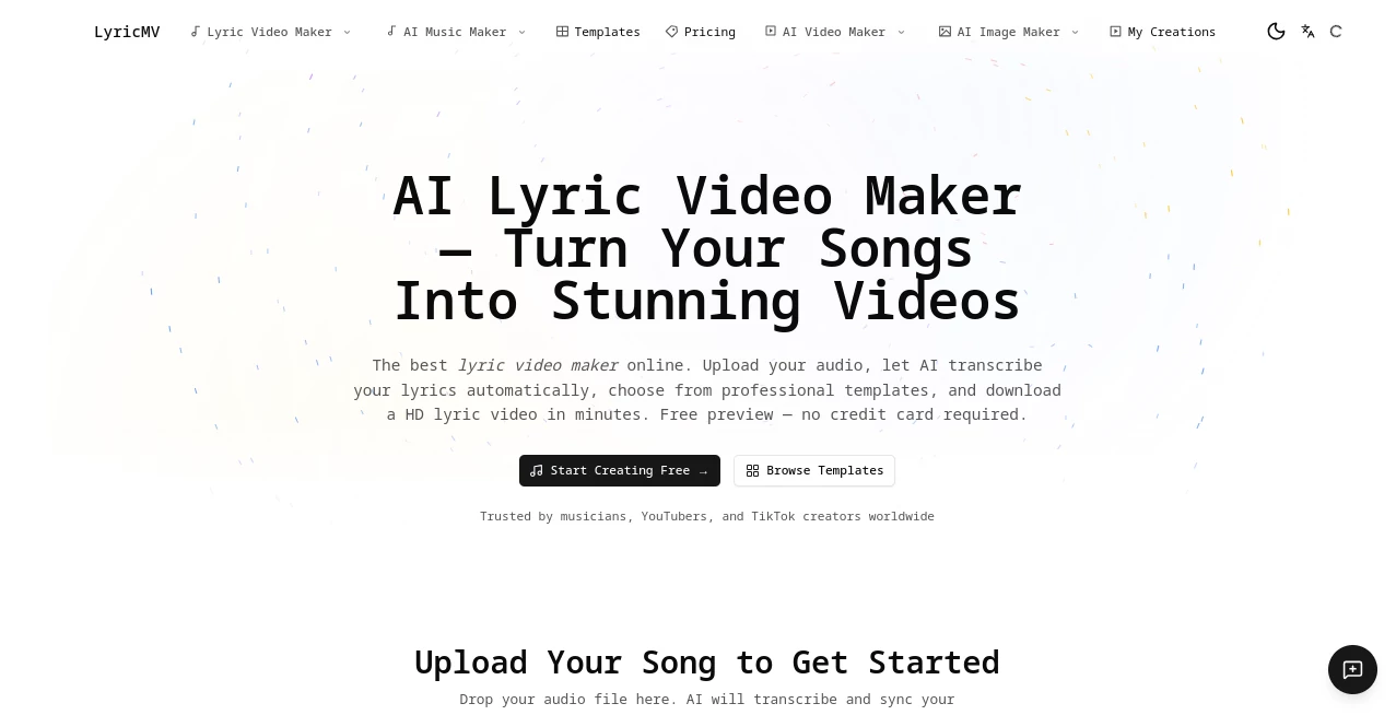 Screenshot of LyricMV – An AI tool in the ,AI Animated Video ,AI Music Video Generator ,AI Text to Video ,AI Video Generator  category, showcasing its interface and key features.