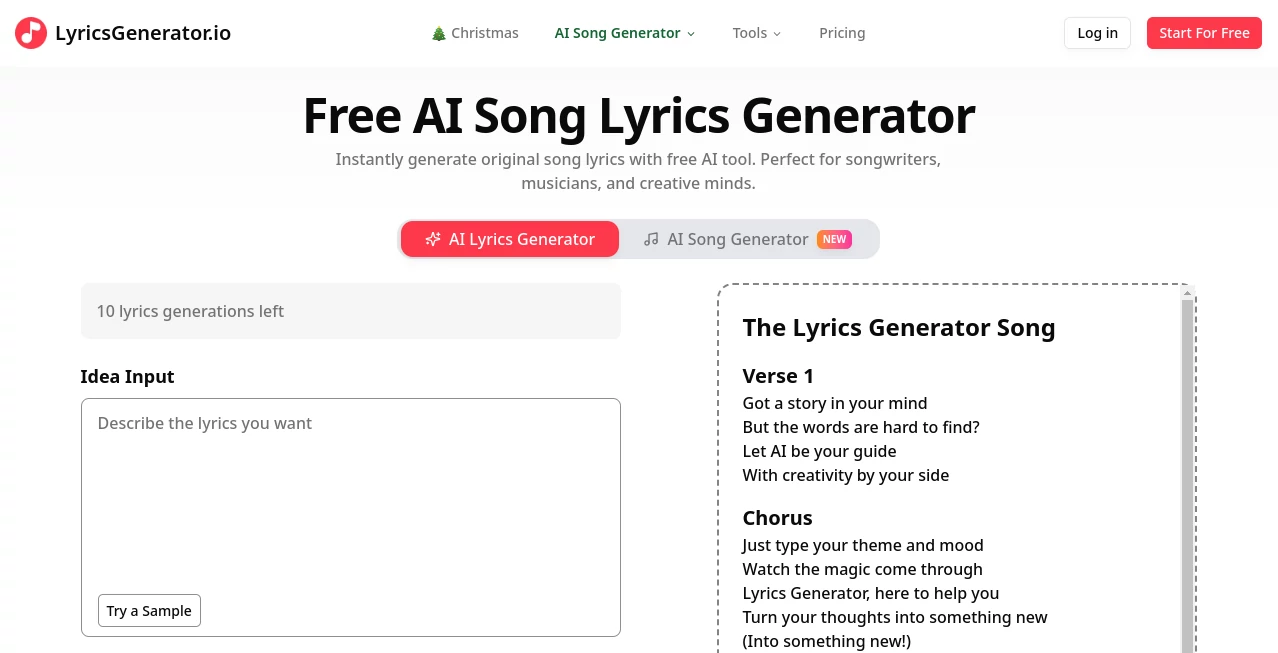 Screenshot of LyricsGenerator.io – An AI tool in the ,AI Lyrics Generator ,AI Creative Writing ,AI Content Generator ,AI Music Generator  category, showcasing its interface and key features.