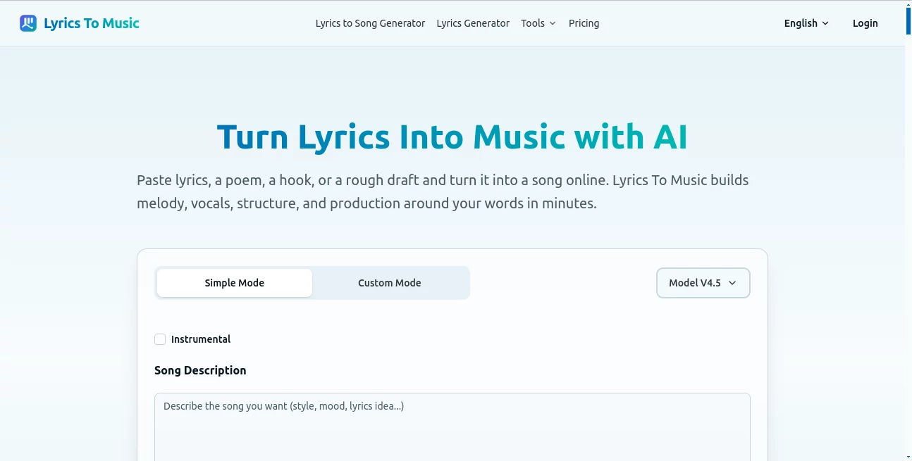 Screenshot of Lyrics To Music – An AI tool in the ,AI Music Generator ,AI Voice & Audio Editing ,AI Text to Music  category, showcasing its interface and key features.
