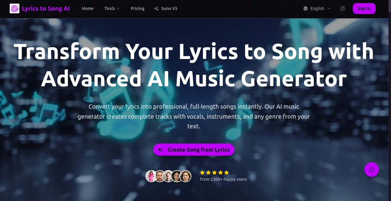 Screenshot of Lyrics to Song AI – An AI tool in the ,AI Singing Generator ,AI Lyrics Generator ,AI Music Generator ,AI Voice & Audio Editing  category, showcasing its interface and key features.