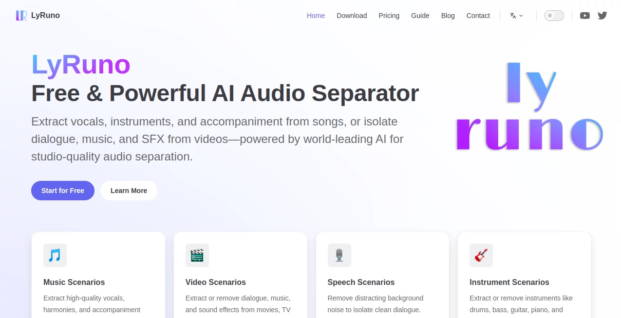 Screenshot of lyruno – An AI tool in the ,AI Audio Enhancer ,AI Video Editor ,AI Speech Recognition ,AI Voice & Audio Editing  category, showcasing its interface and key features.