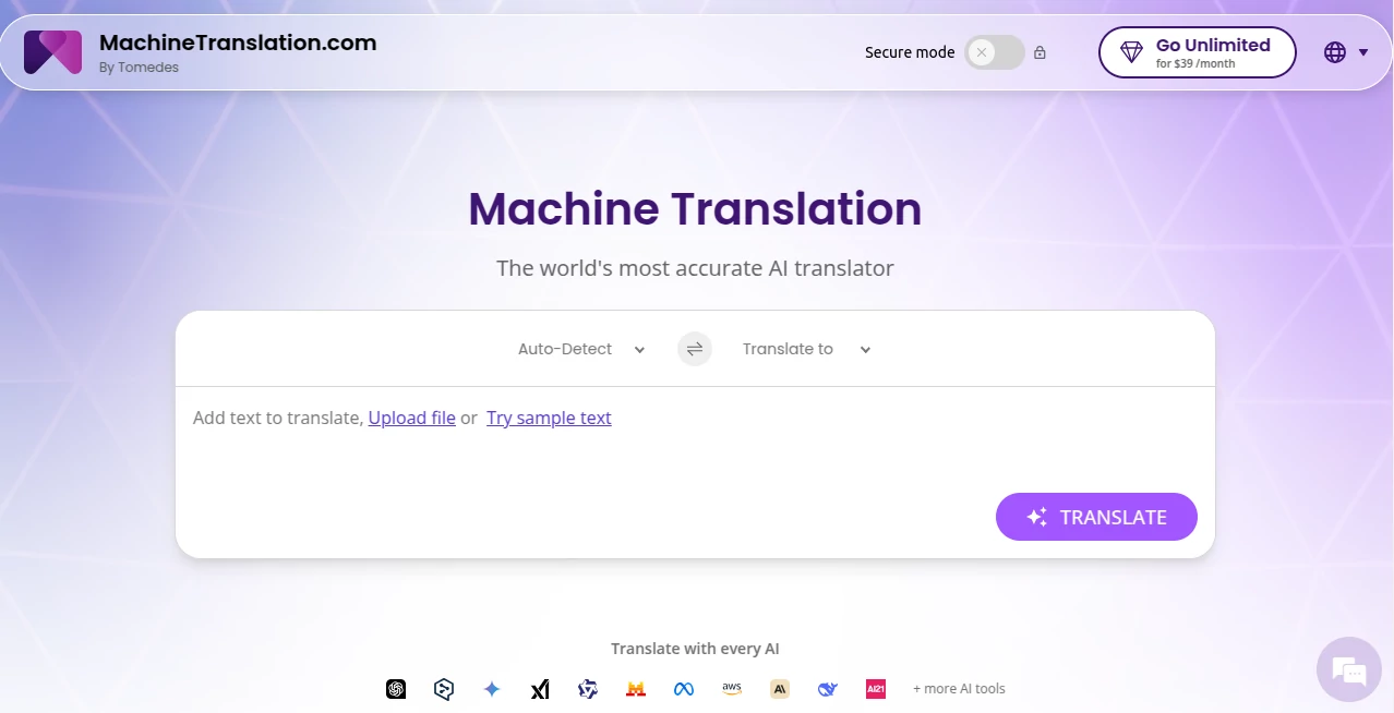 Screenshot of Machine Translation – An AI tool in the ,AI Translate  category, showcasing its interface and key features.