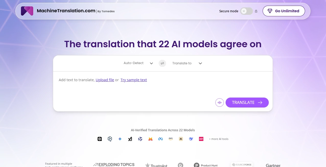 Screenshot of MachineTranslation.com – An AI tool in the ,AI Translate ,AI Writing Assistants ,AI Productivity Tools ,Business  category, showcasing its interface and key features.