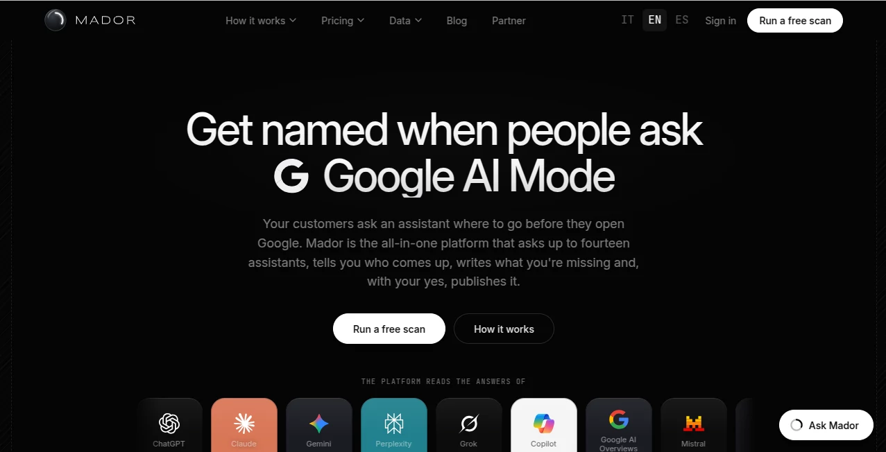 Screenshot of Mador – An AI tool in the ,Marketing ,AI SEO Assistant ,AI Analytics Assistant ,Business  category, showcasing its interface and key features.