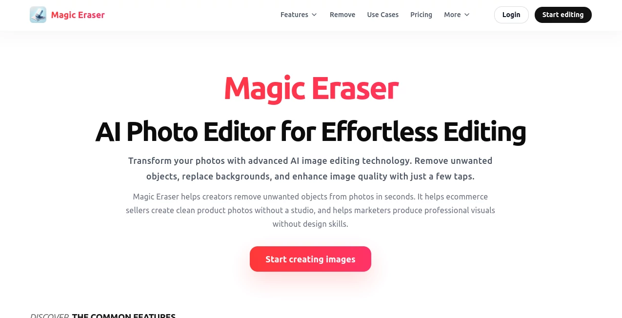 Screenshot of Magic Eraser – An AI tool in the ,Photo & Image Editor ,AI Photo Enhancer ,AI Background Remover ,AI Image to Image  category, showcasing its interface and key features.