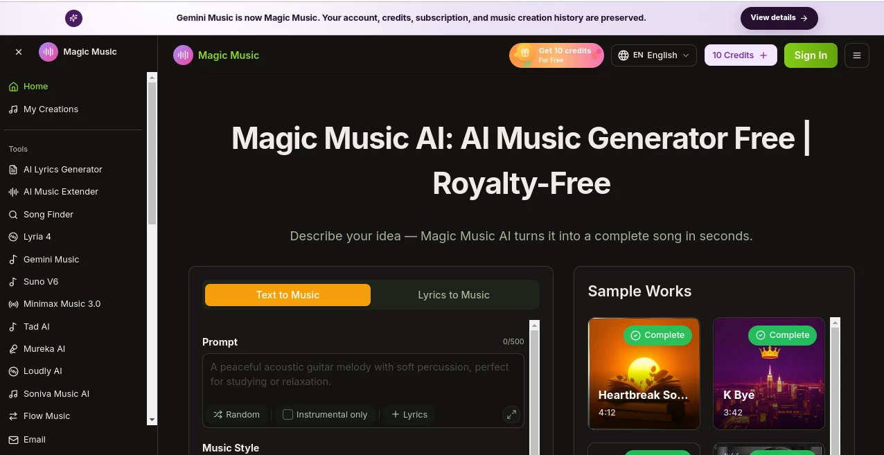 Screenshot of Magic Music – An AI tool in the ,AI Text to Music ,AI Singing Generator ,AI Music Generator ,AI Voice & Audio Editing  category, showcasing its interface and key features.
