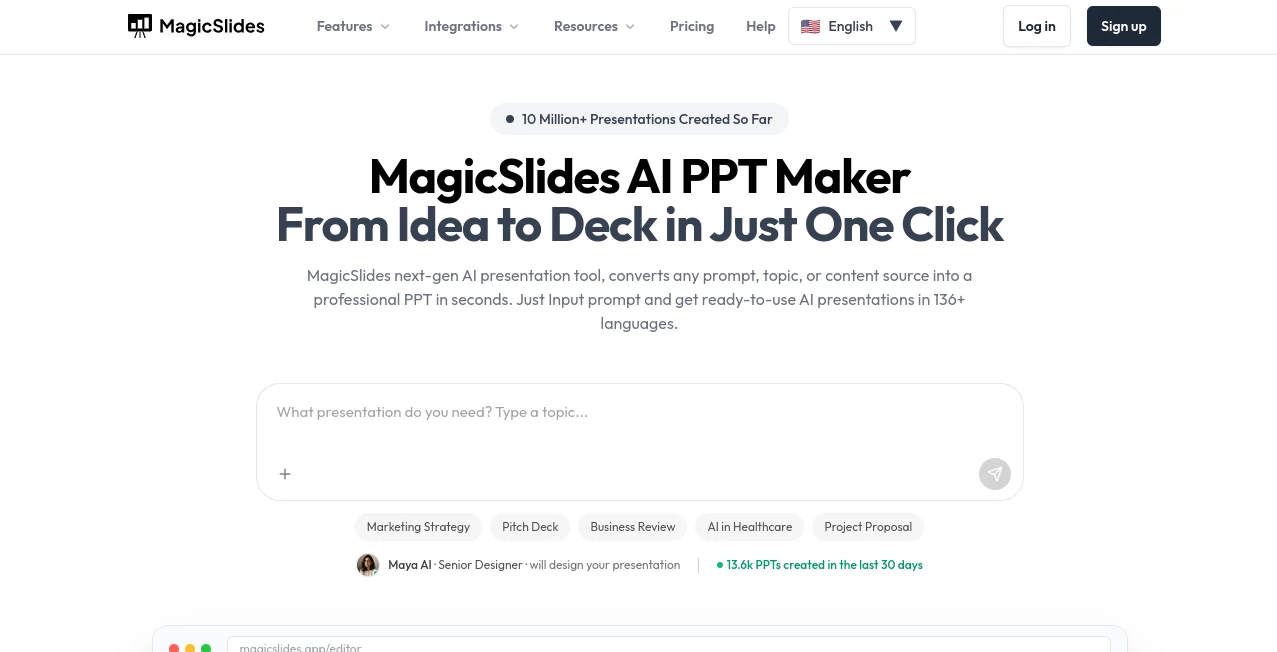 Screenshot of MagicSlides – An AI tool in the ,AI Content Generator ,AI Design Generator ,AI Graphic Design ,AI Presentation Generator  category, showcasing its interface and key features.