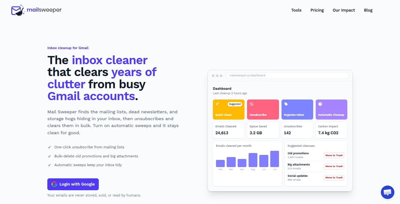 Screenshot of MailSweeper – An AI tool in the ,AI Customer Service Assistant ,AI Email Assistant ,AI Productivity Tools ,AI Workflow Management  category, showcasing its interface and key features.