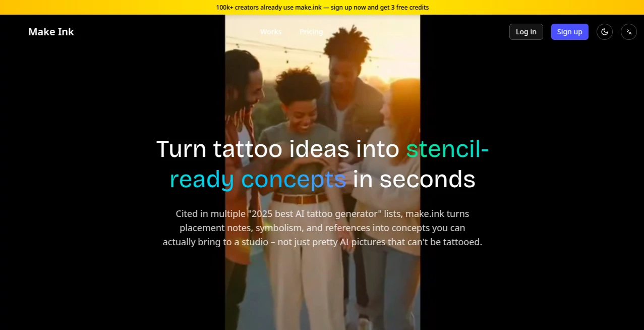 Screenshot of Make Ink – An AI tool in the ,AI Illustration Generator ,AI Tattoo Generator ,AI Design Generator ,AI Image to Image  category, showcasing its interface and key features.