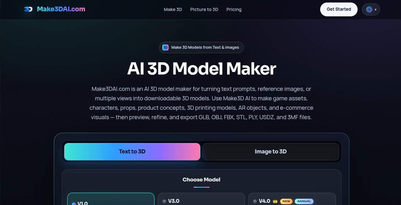 Screenshot of Make3DAI – An AI tool in the ,AI 3D Model Generator ,AI Text to 3D ,AI Image to 3D Model ,Design & Art  category, showcasing its interface and key features.