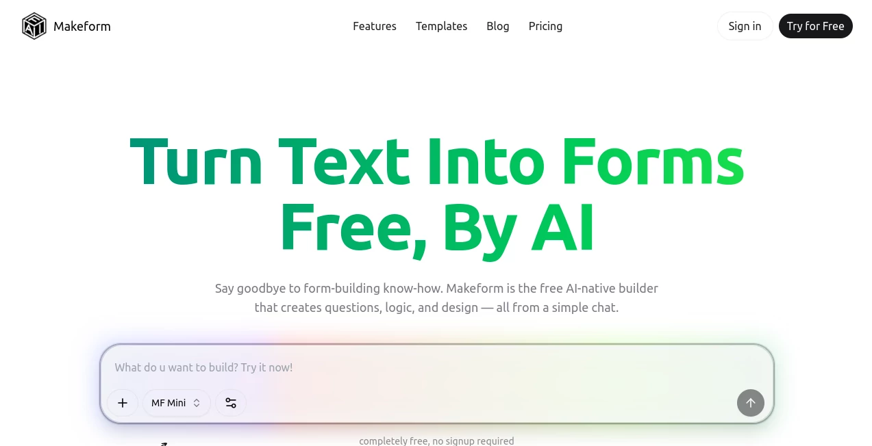 Screenshot of Makeform – An AI tool in the ,AI No-Code & Low-Code ,AI Productivity Tools ,AI Forms & Surveys ,Other  category, showcasing its interface and key features.