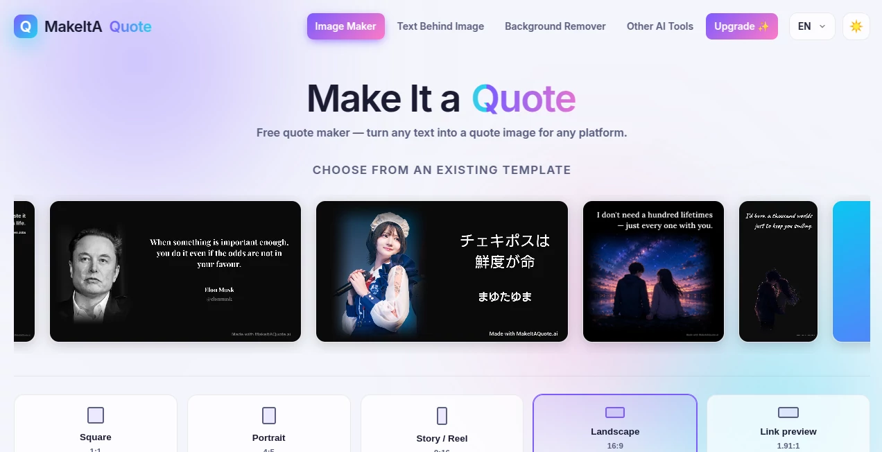 Screenshot of MakeItA Quote – An AI tool in the ,AI Quotes Generator ,AI Photo & Image Generator ,Photo & Image Editor ,AI Background Remover  category, showcasing its interface and key features.