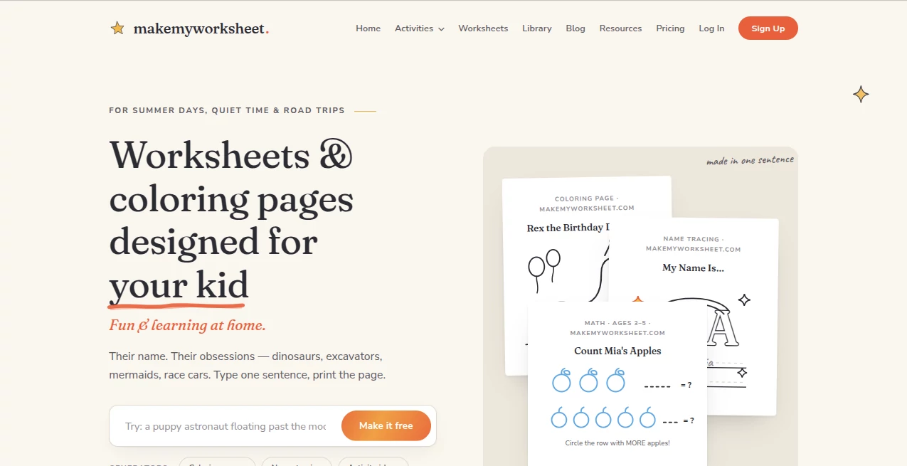Screenshot of MakeMyWorksheet – An AI tool in the ,AI Content Generator ,AI Homework Helper ,AI Education Assistant ,AI Productivity Tools  category, showcasing its interface and key features.
