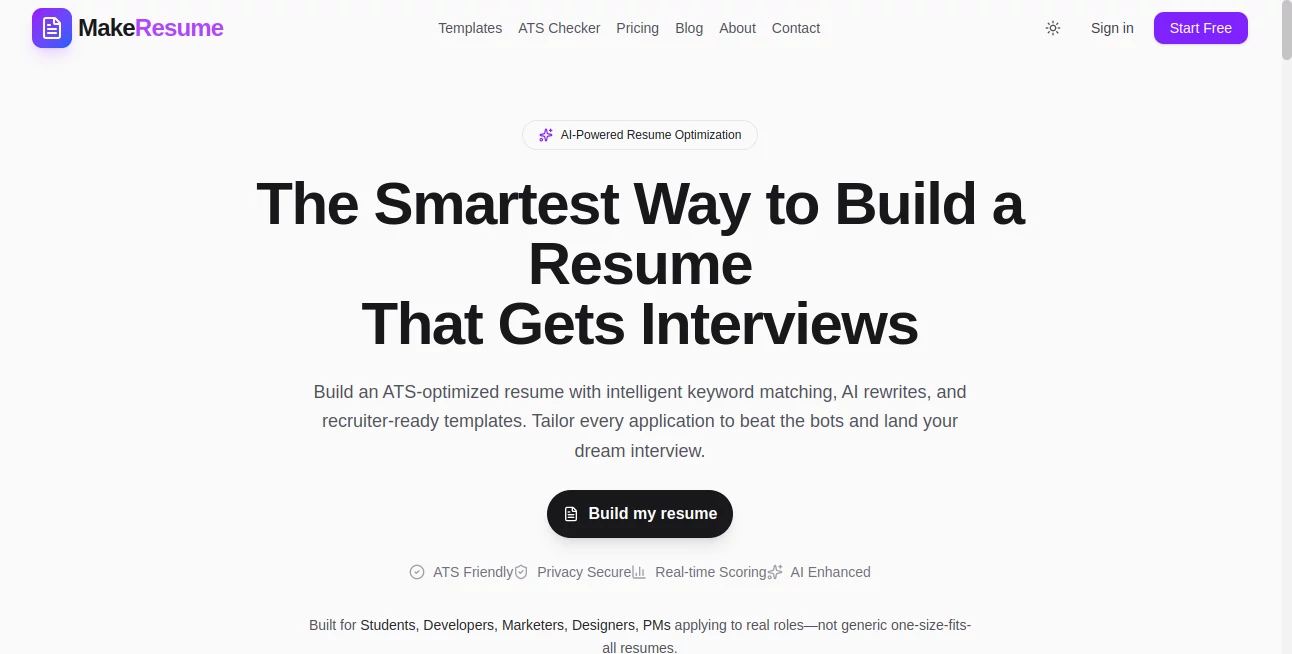 Screenshot of MakeResume – An AI tool in the ,AI Writing Assistants ,AI Resume Builder ,AI Cover Letter Generator  category, showcasing its interface and key features.