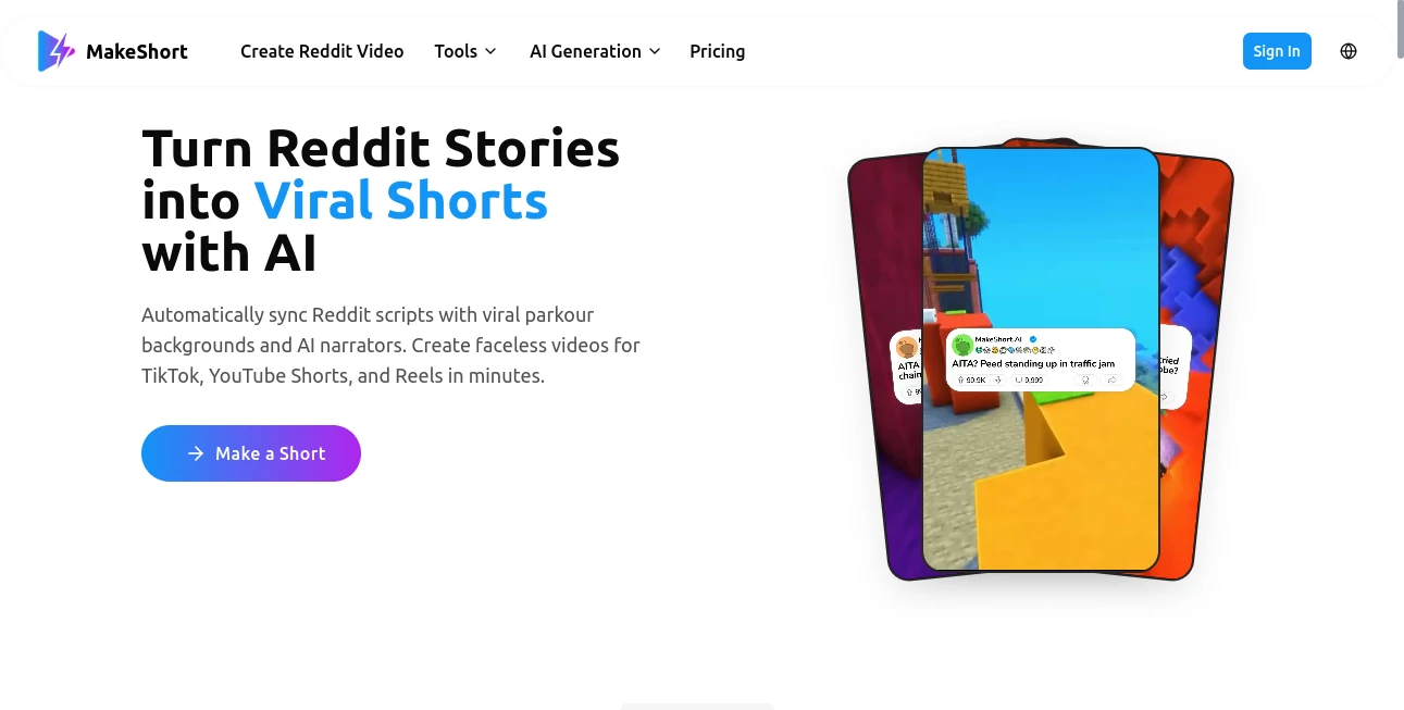 Screenshot of MakeShort AI – An AI tool in the ,AI Animated Video ,AI Content Generator ,AI Video Generator ,AI Text to Video  category, showcasing its interface and key features.