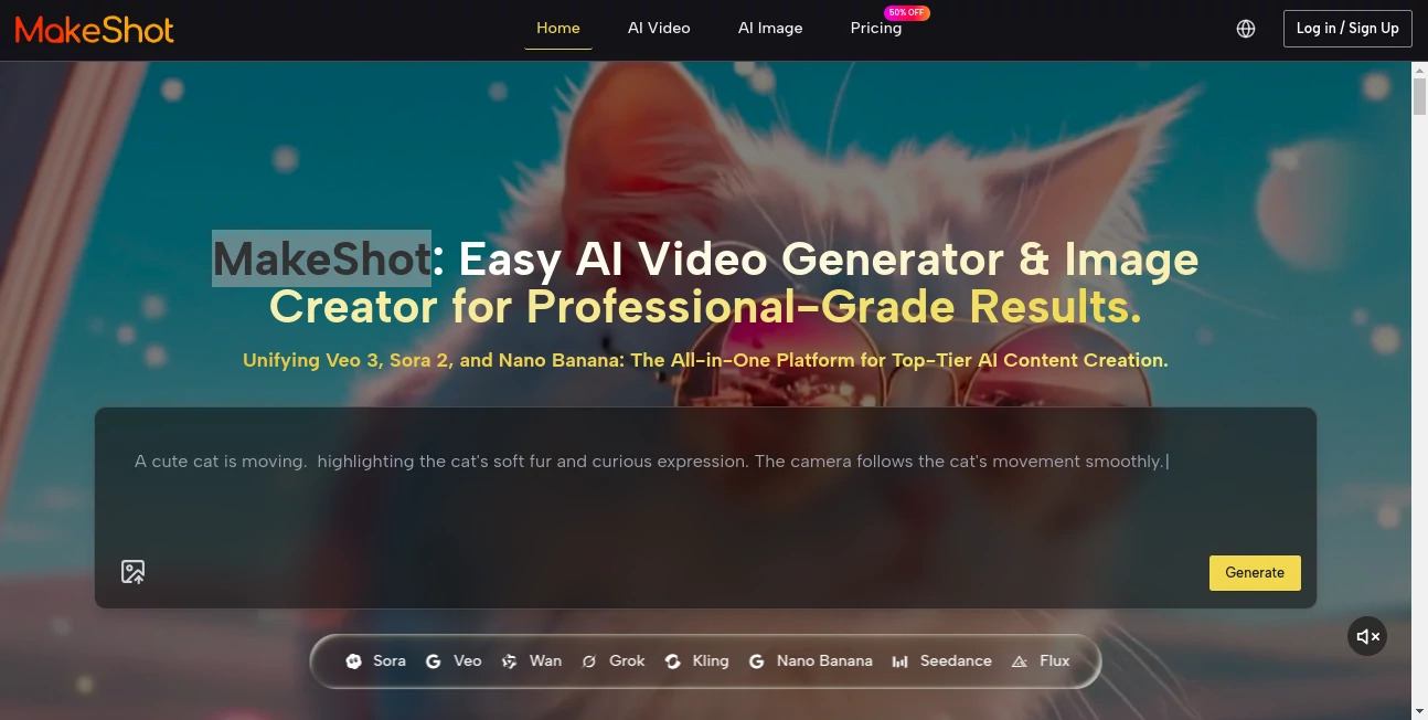 Screenshot of MakeShot AI – An AI tool in the ,AI Content Generator ,AI Photo & Image Generator ,AI Video Generator ,AI Design Generator  category, showcasing its interface and key features.